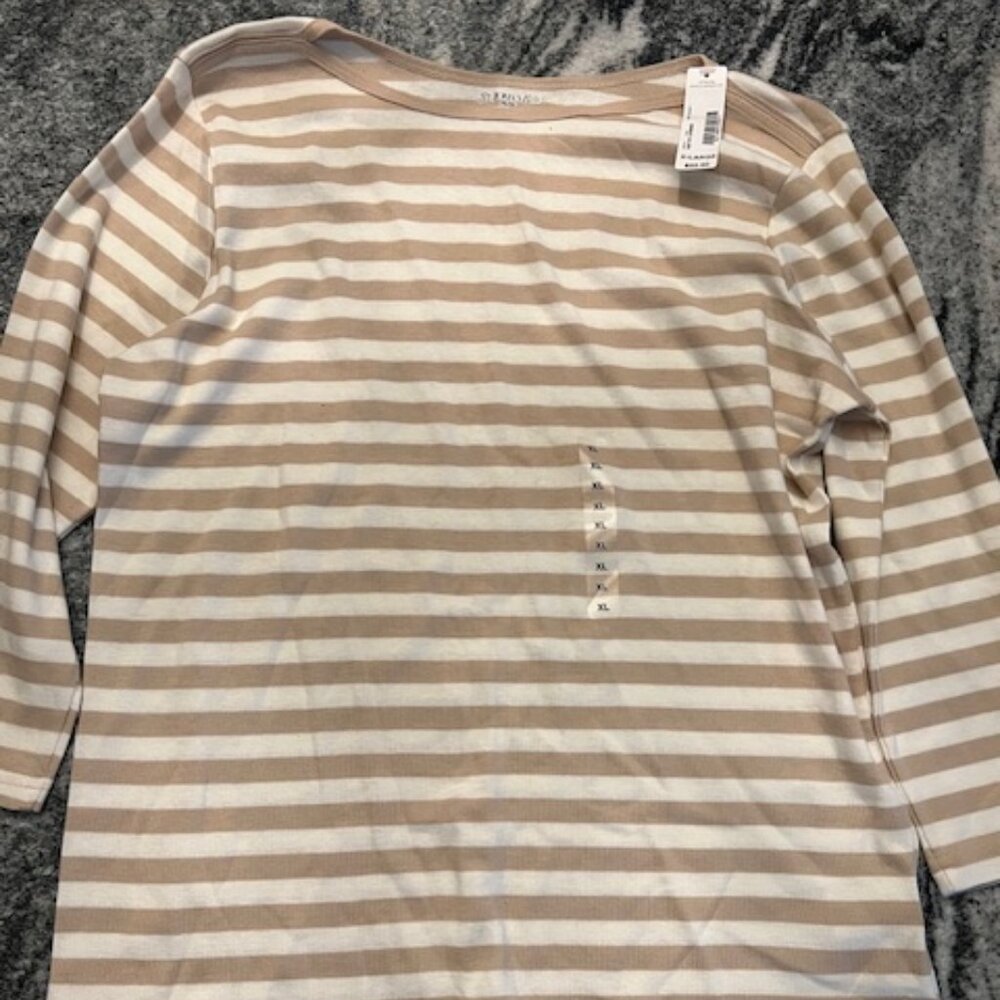 St. John's Bay Striped Top Women XL Tan White NWT Long Sleeve Boat Neck Tee